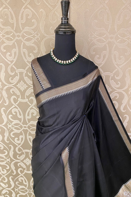 Black Mashru Silk Banarasi Kadwa Handloom Saree, With Unstich Blouse