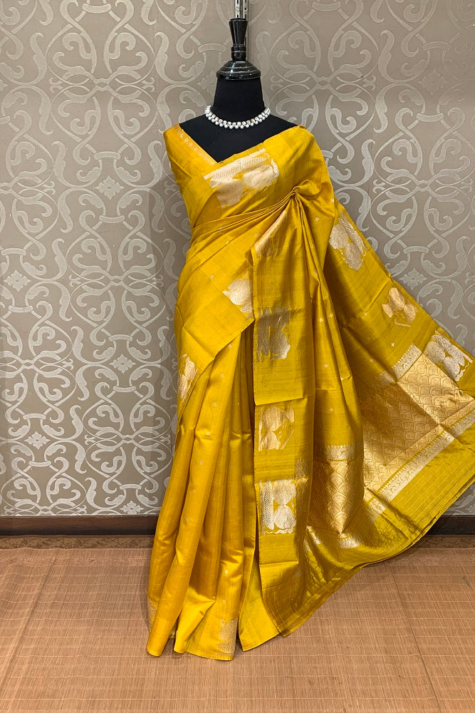 MUSTARD YELLOW POONA SILK SAREE WITH GOLDEN ZARI WOVEN BUTTAS