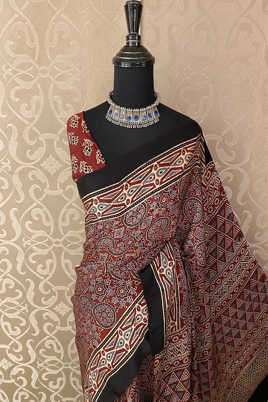 Red Pure Modal Silk Ajrakh  Printed  Saree With Blouse