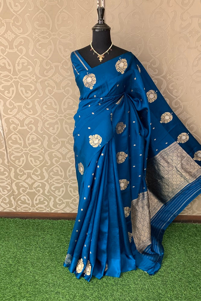 BLUE POONA SILK SAREE WITH GOLDEN ZARI WOVEN BUTTAS