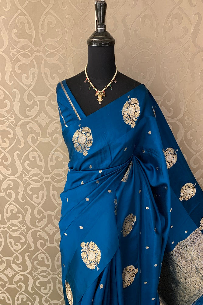 BLUE POONA SILK SAREE WITH GOLDEN ZARI WOVEN BUTTAS