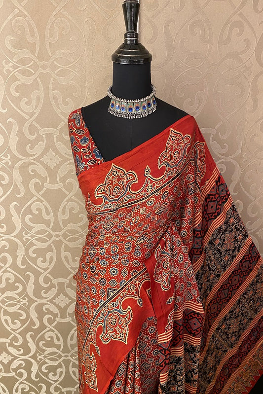Red Pure Modal Silk Ajrakh  Printed  Saree With Blouse
