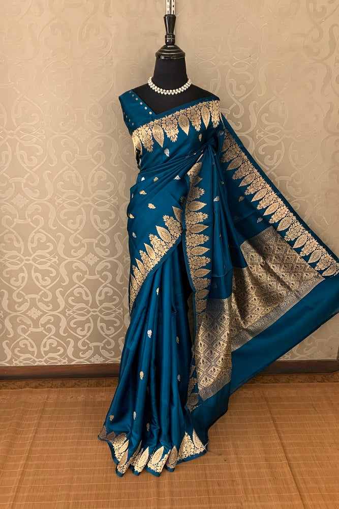 TEAL BLUE POONA SILK SAREE WITH GOLDEN ZARI WOVEN BUTTAS