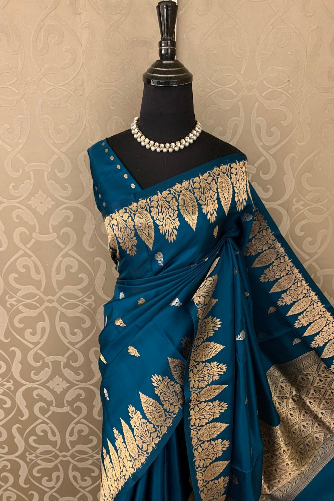 TEAL BLUE POONA SILK SAREE WITH GOLDEN ZARI WOVEN BUTTAS