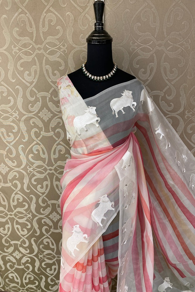 Multi Stripe Organza Resham Embroidery Party Wear Saree, With Unstich Blouse