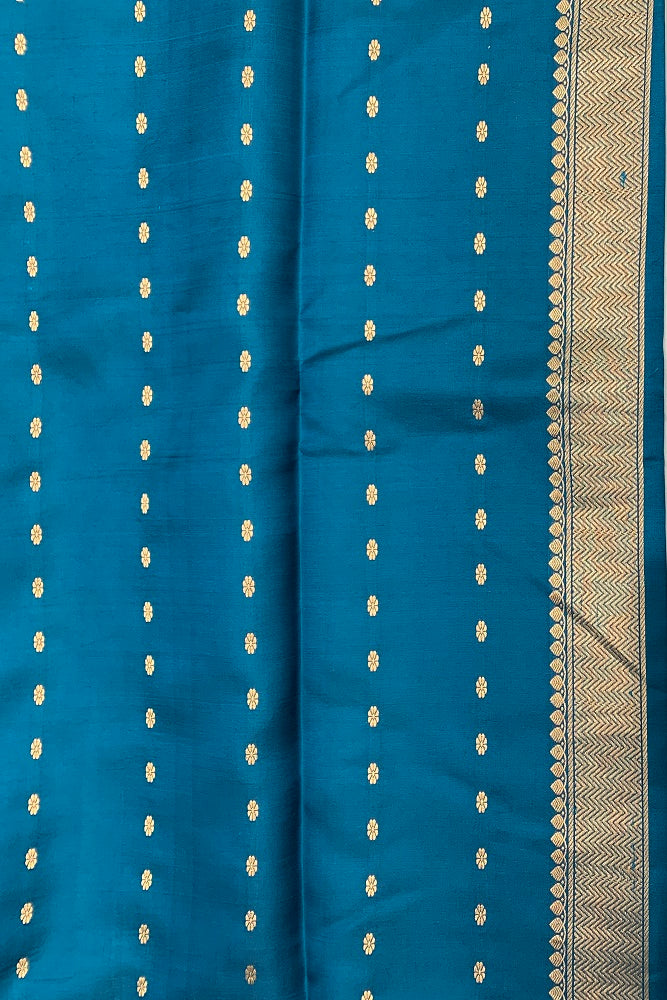 TEAL BLUE POONA SILK SAREE WITH GOLDEN ZARI WOVEN BUTTAS