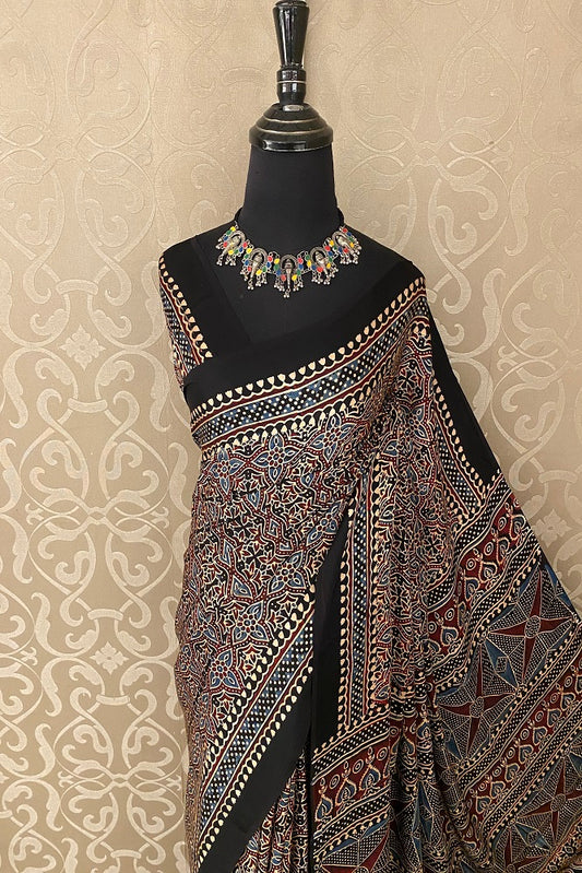 Black Pure Modal Silk Ajrakh  Printed  Saree With Blouse