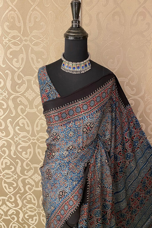 Grey Blue Pure Modal Silk Ajrakh  Printed  Saree With Blouse
