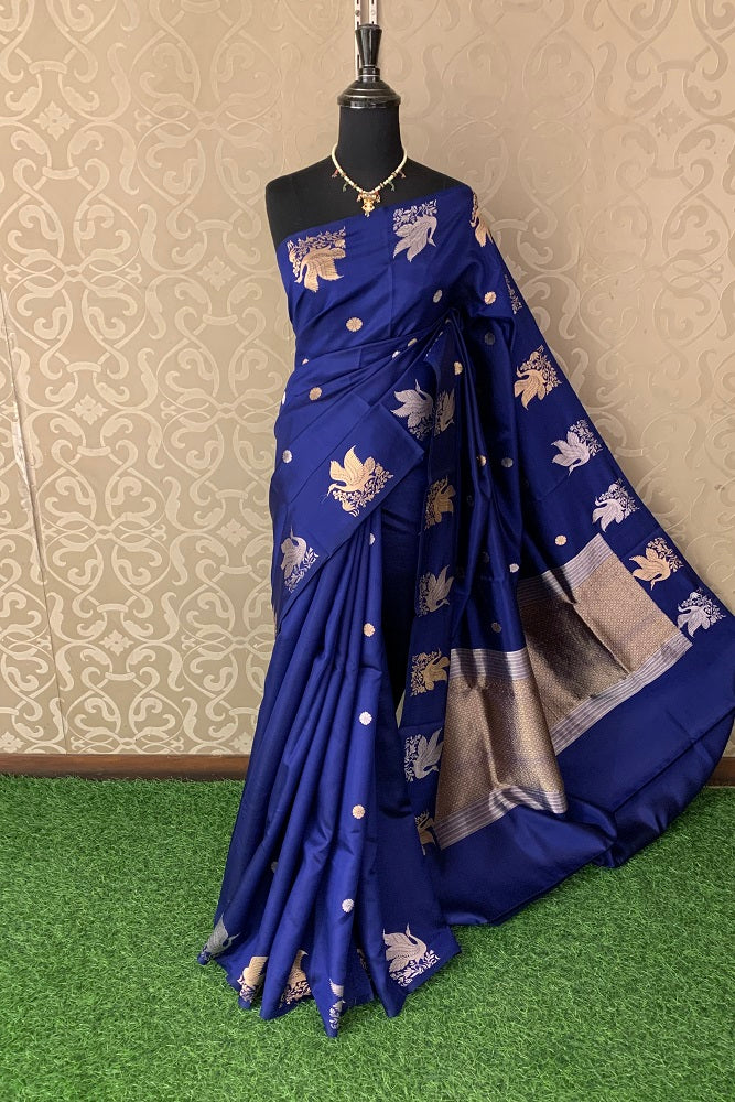 ROYAL BLUE POONA SILK SAREE WITH GOLDEN ZARI WOVEN BUTTAS
