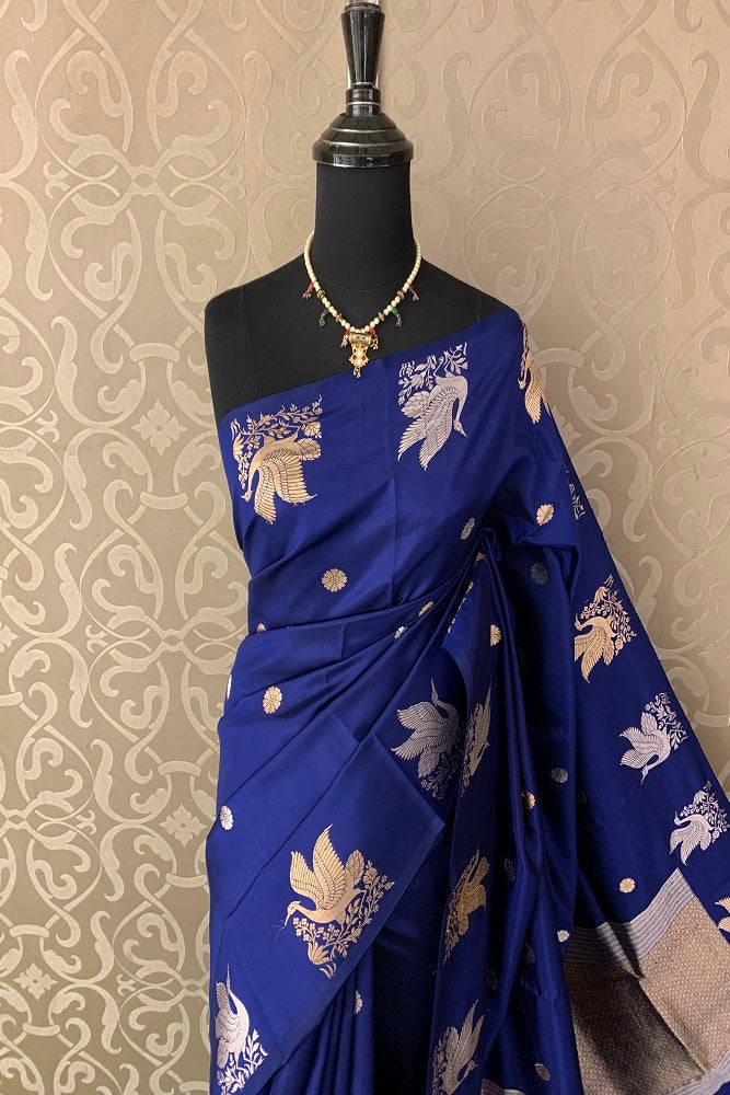 ROYAL BLUE POONA SILK SAREE WITH GOLDEN ZARI WOVEN BUTTAS
