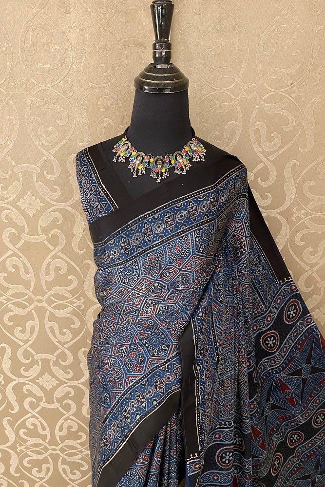 Grey Blue Pure Modal Silk Ajrakh  Printed  Saree With Blouse