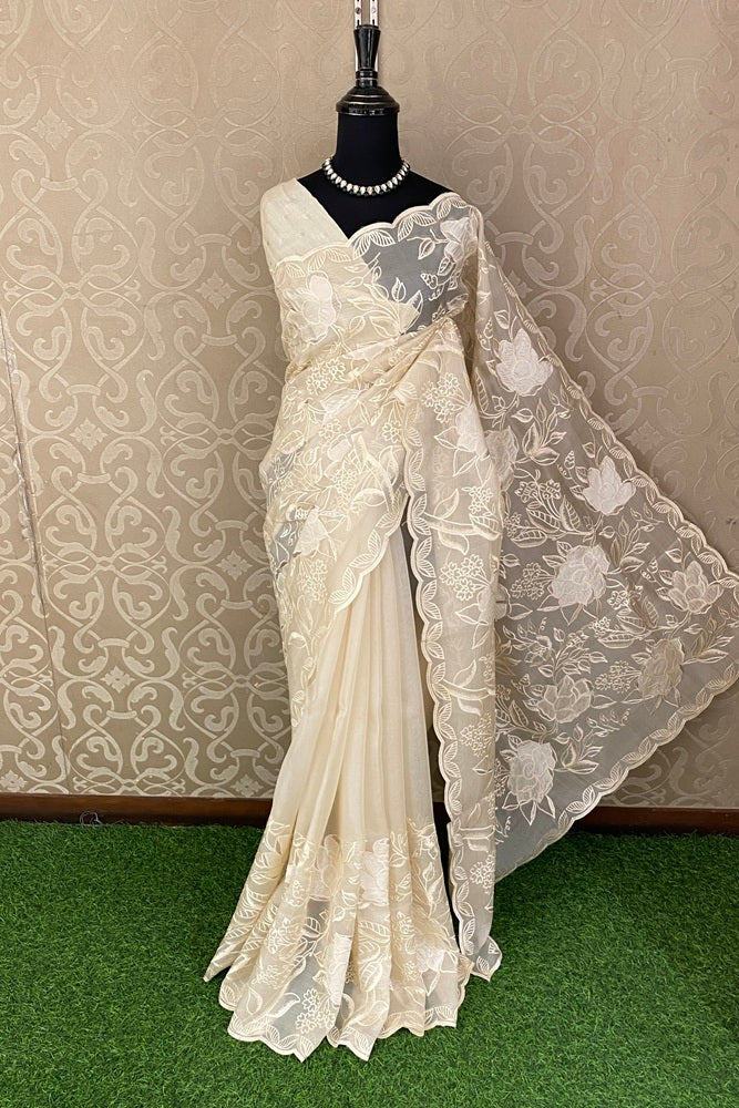 Offwhite Organza Silk Applique Work Party Wear Saree, With Unstich Blouse
