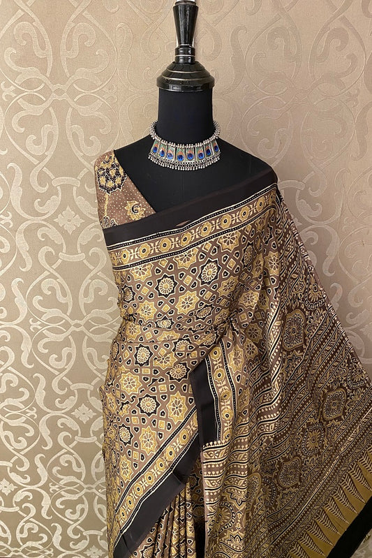 Light Brown Pure Modal Silk Ajrakh  Printed  Saree With Blouse