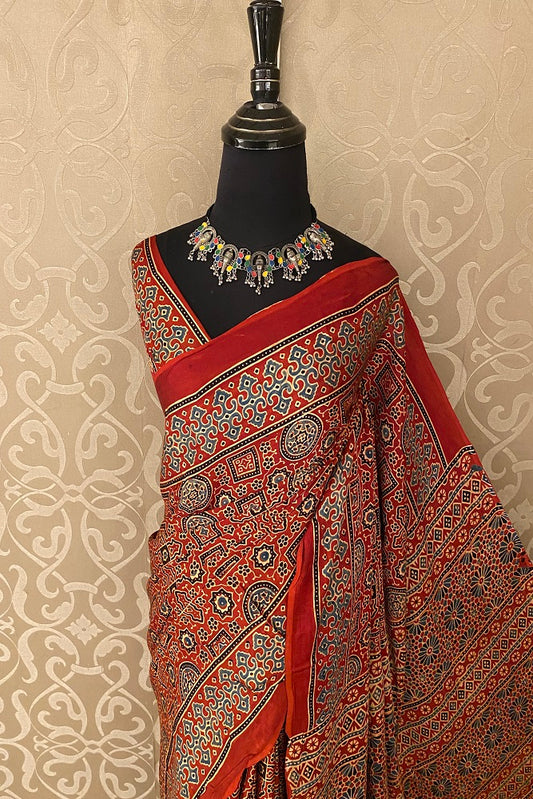 Red Pure Modal Silk Ajrakh  Printed  Saree With Blouse