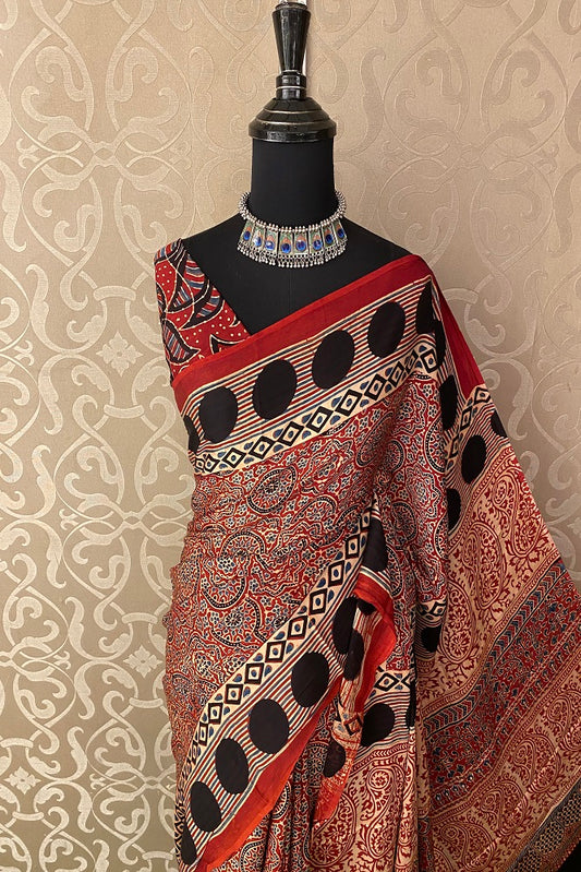 Red Pure Modal Silk Ajrakh  Printed  Saree With Blouse