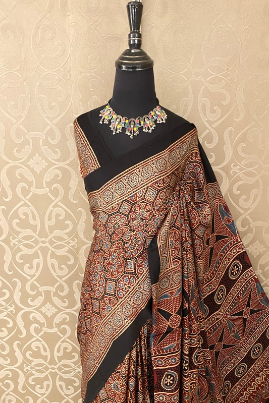 Maroon Pure Modal Silk Ajrakh  Printed  Saree With Blouse