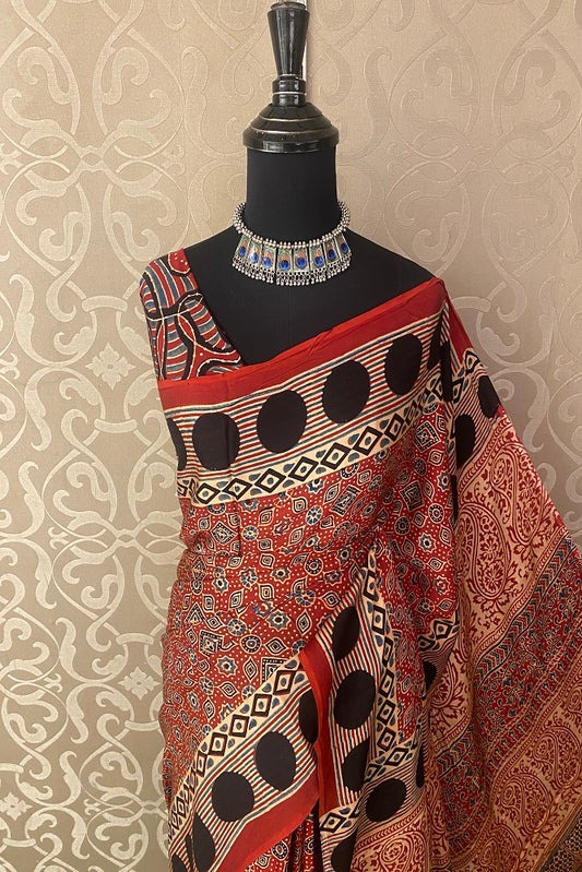 Red Pure Modal Silk Ajrakh  Printed  Saree With Blouse