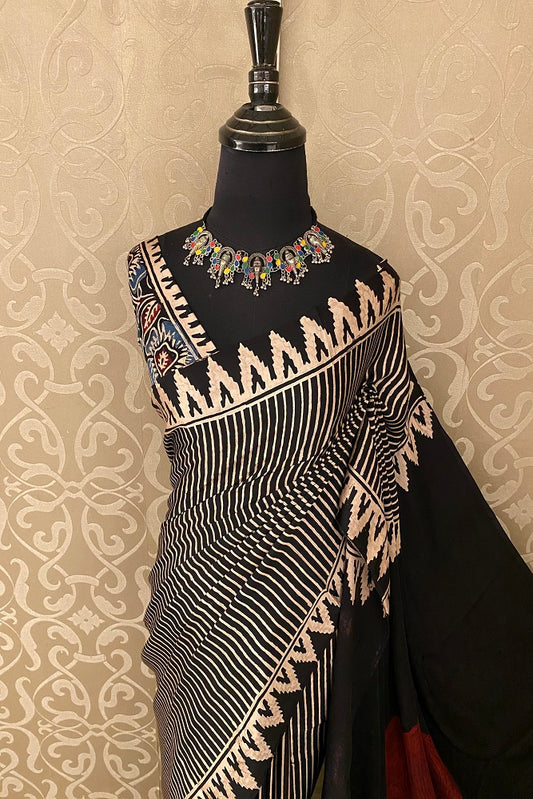 Black Pure Modal Silk Ajrakh  Printed  Saree With Blouse