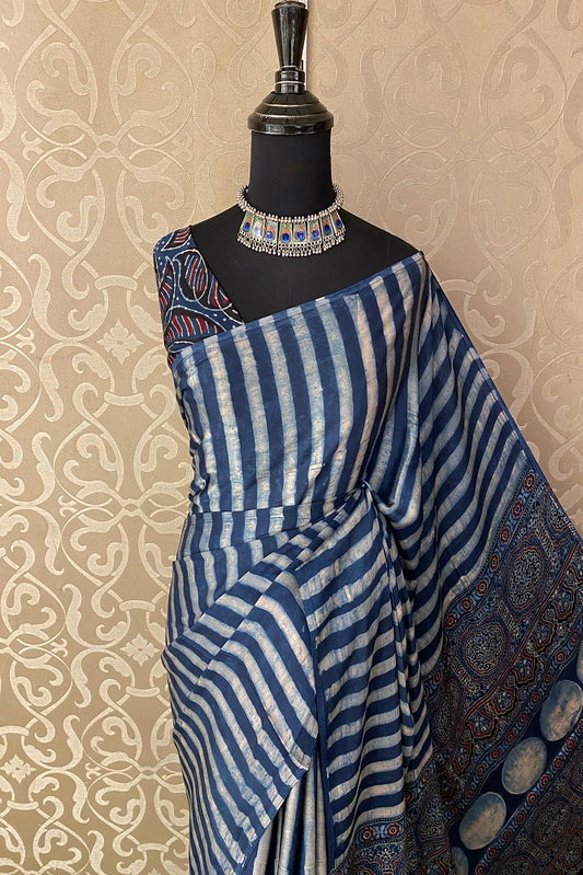 Grey Blue Pure Modal Silk Ajrakh  Printed  Saree With Blouse