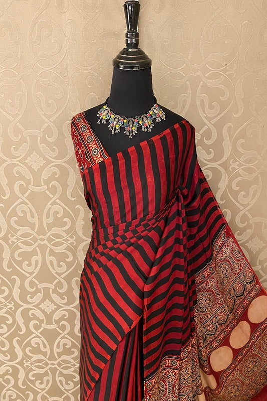 Red Pure Modal Silk Ajrakh  Printed  Saree With Blouse