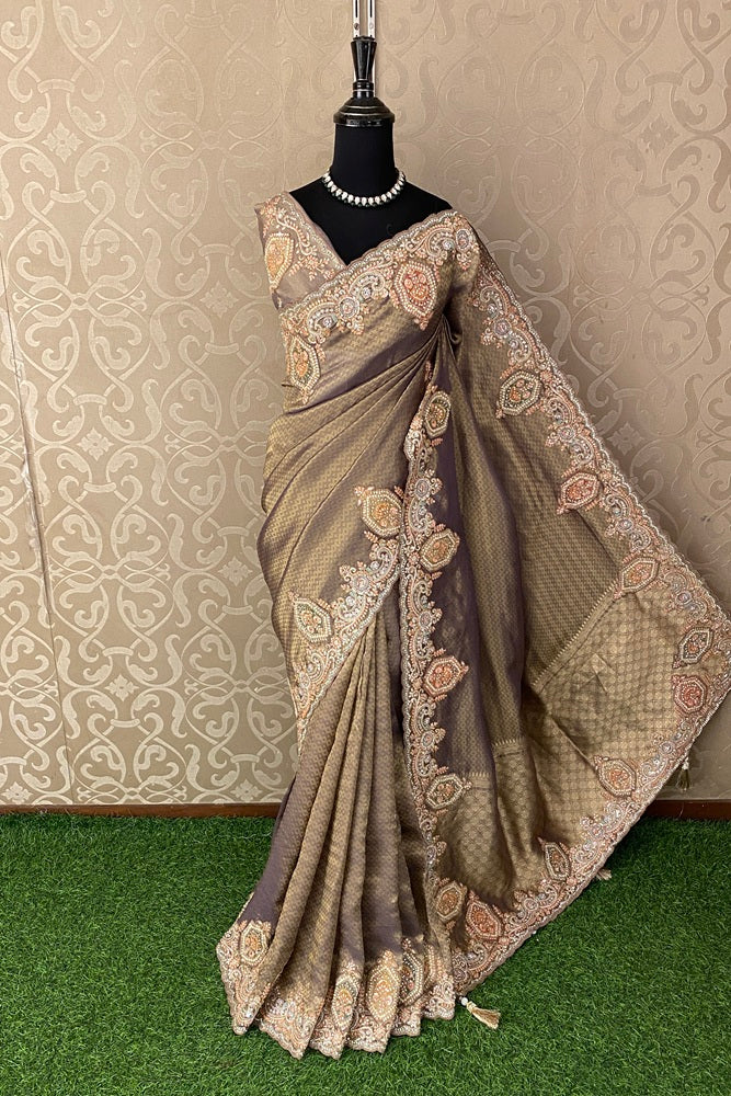 Golden Grey Kanjeevaram Silk Embroidery Saree, With Unstich Blouse