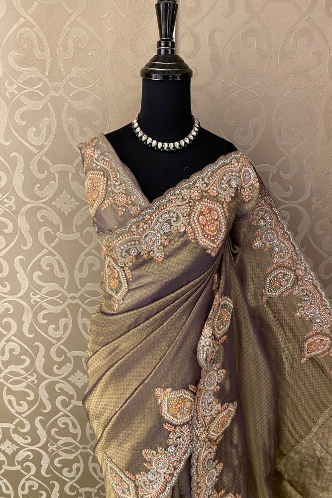 Golden Grey Kanjeevaram Silk Embroidery Saree, With Unstich Blouse