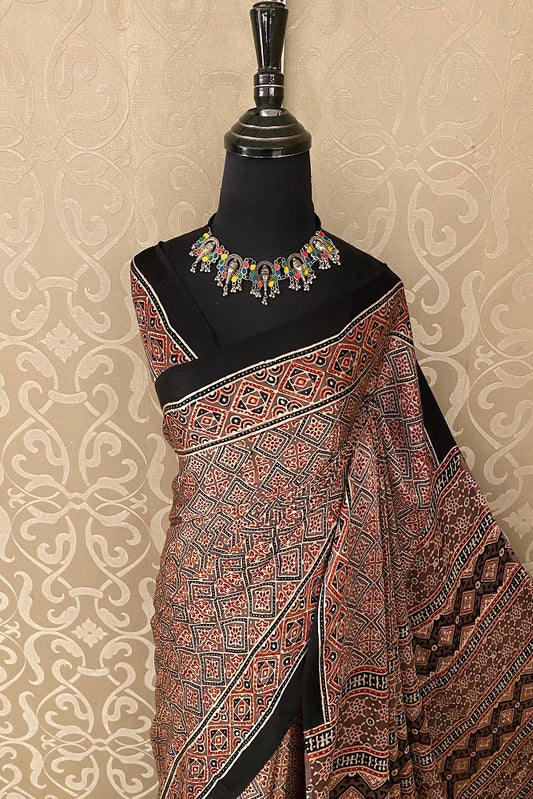 Brown Pure Modal Silk Ajrakh  Printed  Saree With Blouse