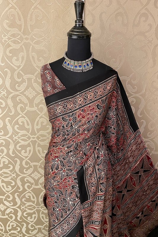Brown Pure Modal Silk Ajrakh  Printed  Saree With Blouse