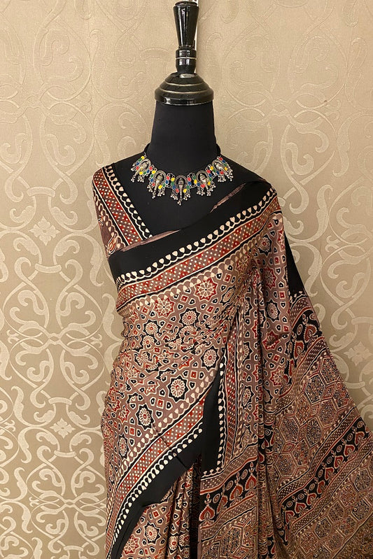 Brown Pure Modal Silk Ajrakh  Printed  Saree With Blouse
