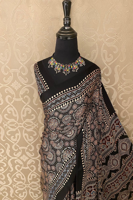 Black Pure Modal Silk Ajrakh  Printed  Saree With Blouse