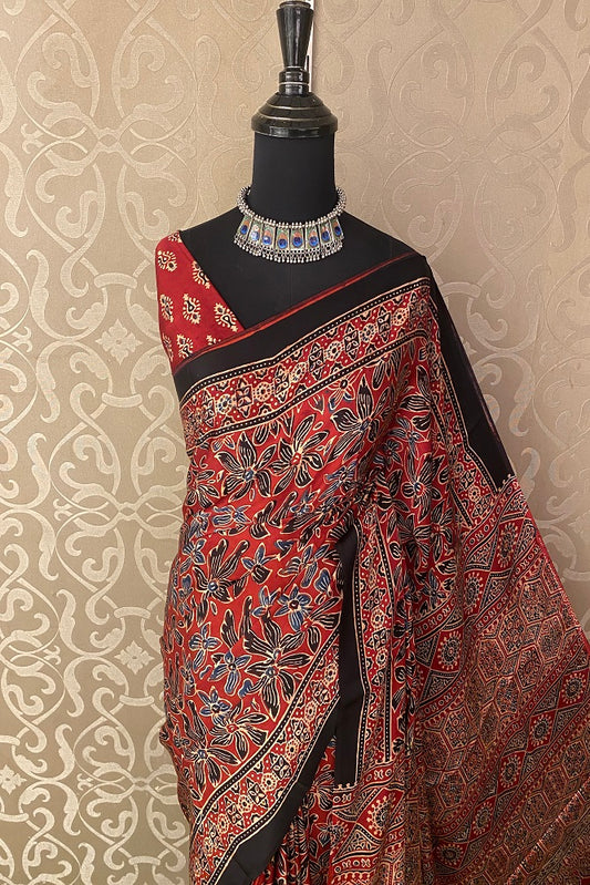 Red Pure Modal Silk Ajrakh  Printed  Saree With Blouse