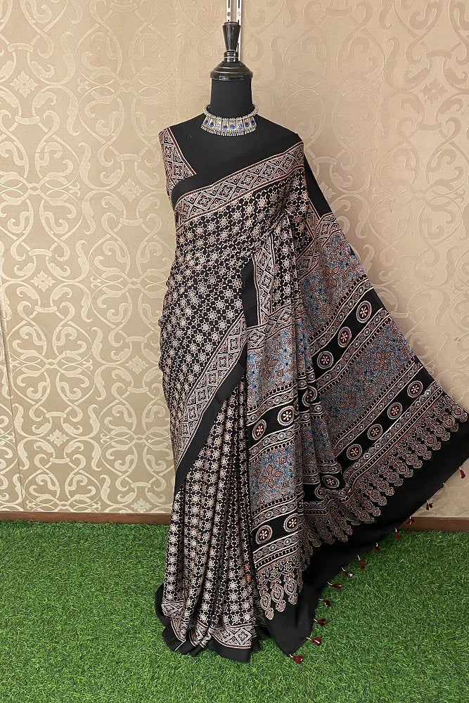 Black Pure Modal Silk Ajrakh  Printed  Saree With Blouse