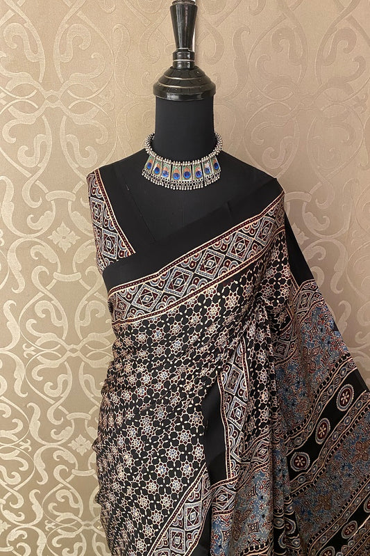 Black Pure Modal Silk Ajrakh  Printed  Saree With Blouse