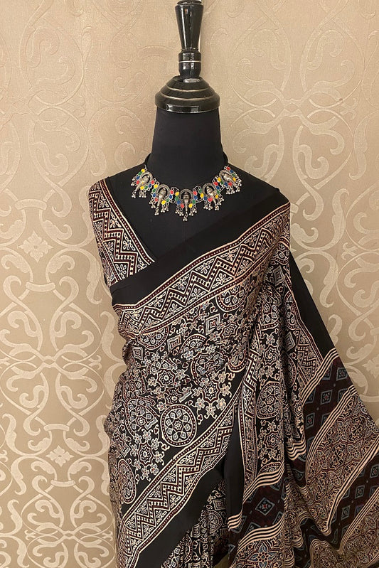 Black Pure Modal Silk Ajrakh  Printed  Saree With Blouse