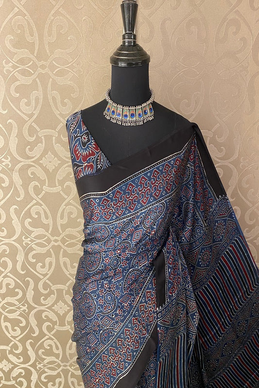 Blue Pure Modal Silk Ajrakh  Printed  Saree With Blouse
