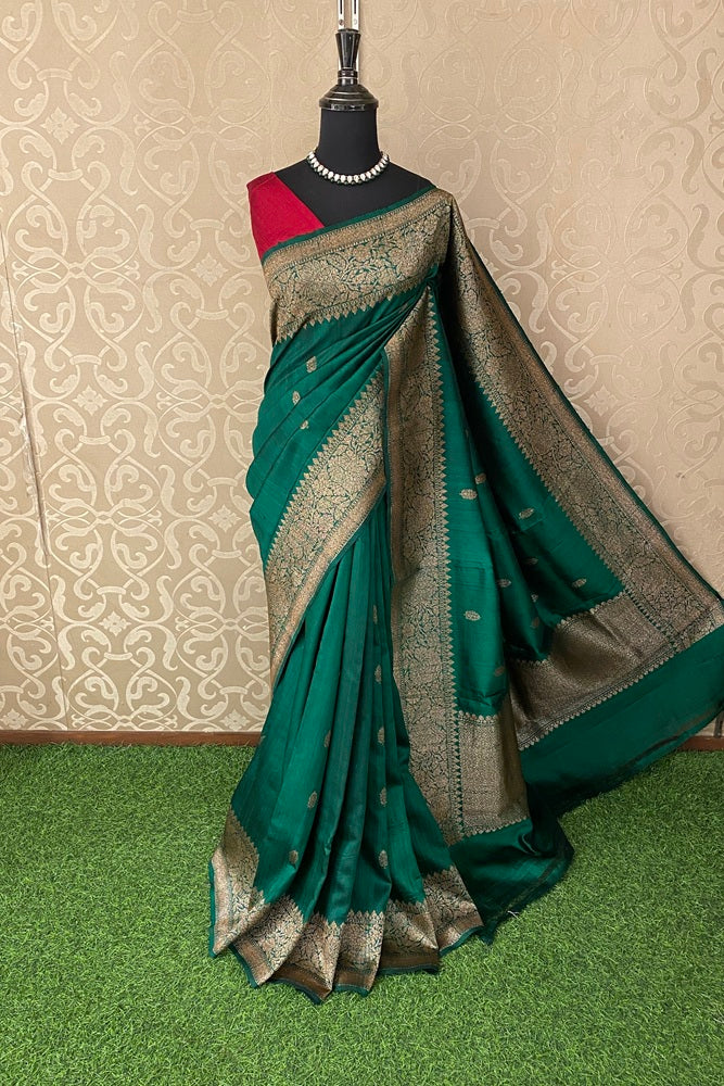 Deep Green Pure Raw Tussar Banarasi Silk Saree, Hand Woven Motifs With Unstich Blouse