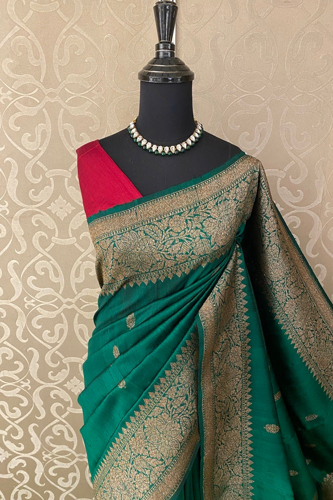 Deep Green Pure Raw Tussar Banarasi Silk Saree, Hand Woven Motifs With Unstich Blouse