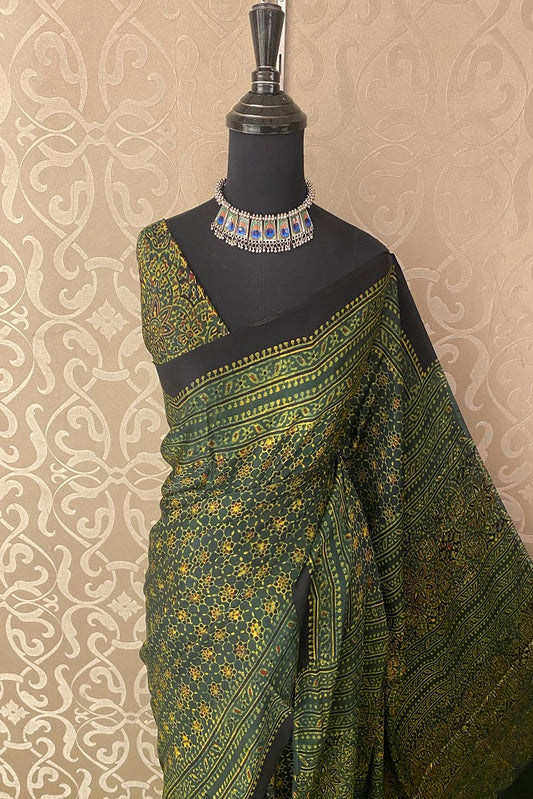 Olive Green Pure Modal Silk Ajrakh  Printed  Saree With Blouse