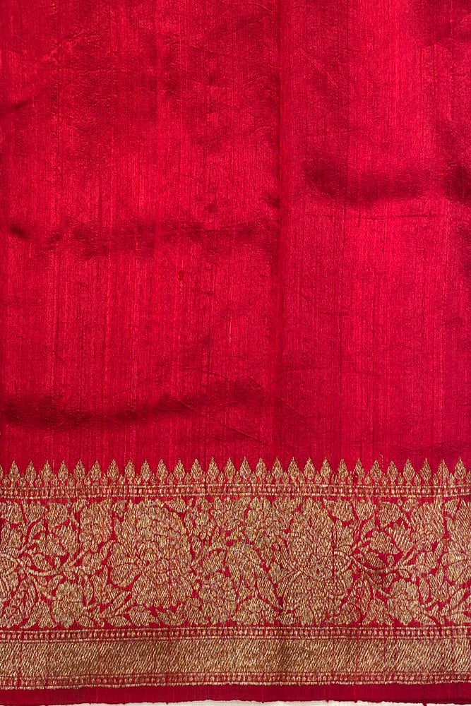 Deep Green Pure Raw Tussar Banarasi Silk Saree, Hand Woven Motifs With Unstich Blouse