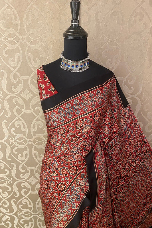 Red Pure Modal Silk Ajrakh  Printed  Saree With Blouse