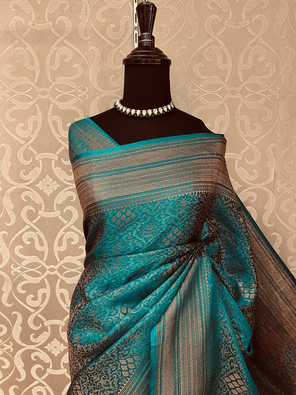Teal Mysore Crepe Silk Banarasi Saree, With Unstiched Blouse