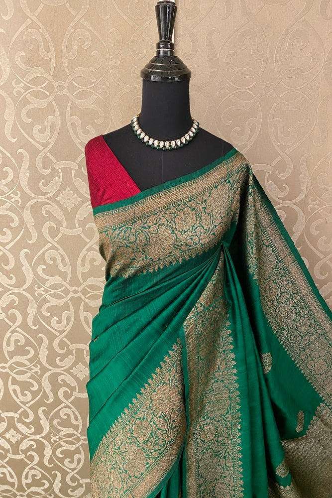 Deep Green Pure Raw Tussar Banarasi Silk Saree, Hand Woven Motifs With Unstich Blouse