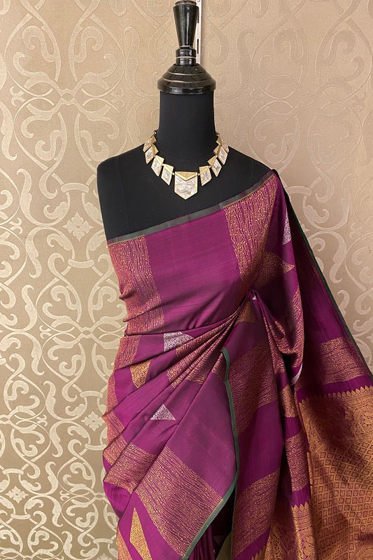 Magenta Pure Kanjeevaram Silk Saree Without Border With Blouse