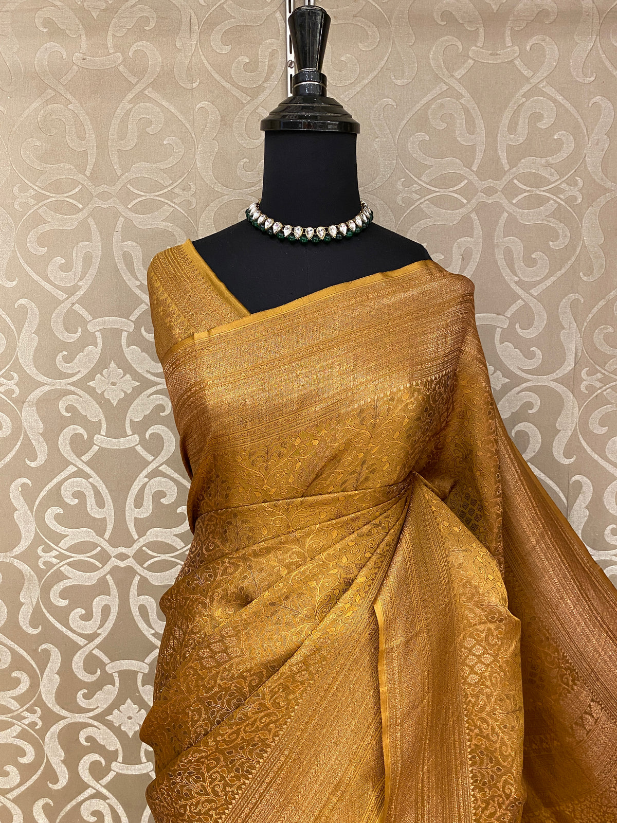Golden Mysore Crepe Silk Banarasi Saree, With Unstiched Blouse