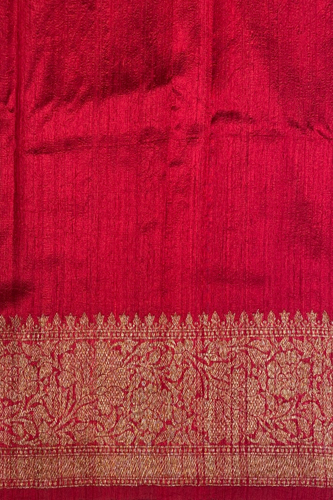 Deep Green Pure Raw Tussar Banarasi Silk Saree, Hand Woven Motifs With Unstich Blouse