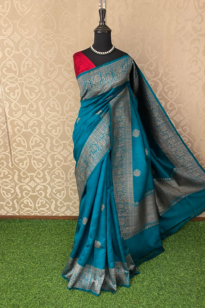 Cerulean Blue Pure Raw Tussar Banarasi Silk Saree, Hand Woven Motifs With Unstich Blouse