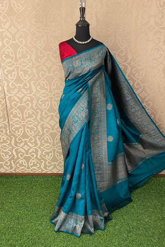 Cerulean Blue Pure Raw Tussar Banarasi Silk Saree, Hand Woven Motifs With Unstich Blouse
