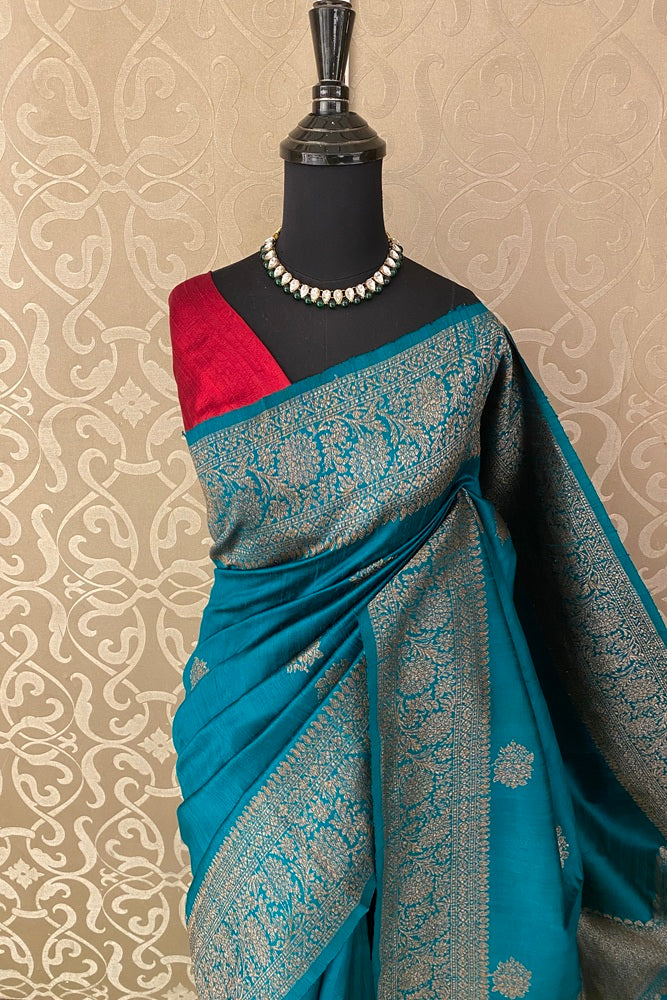 Cerulean Blue Pure Raw Tussar Banarasi Silk Saree, Hand Woven Motifs With Unstich Blouse