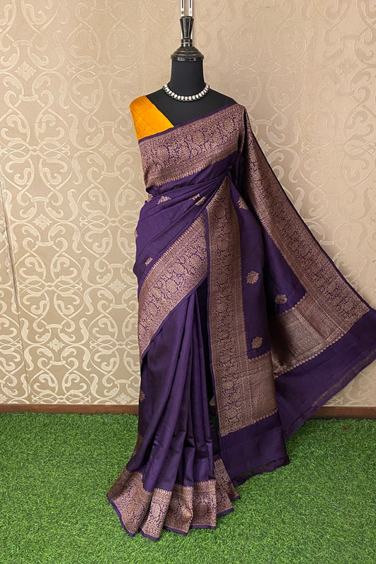 Violet Pure Raw Tussar Banarasi Silk Saree, Hand Woven Motifs With Unstich Blouse