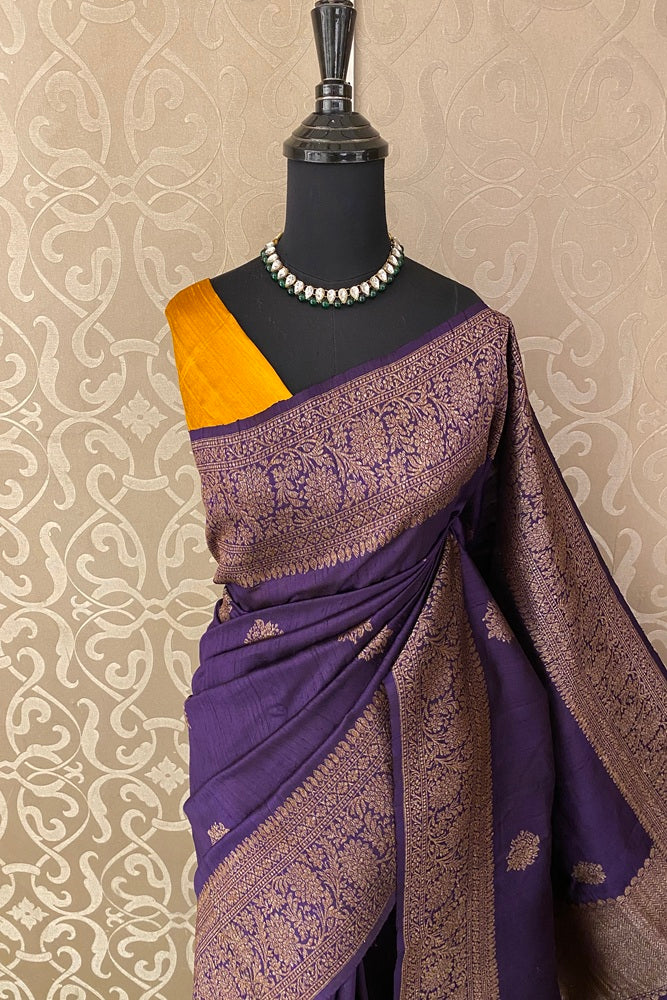 Violet Pure Raw Tussar Banarasi Silk Saree, Hand Woven Motifs With Unstich Blouse